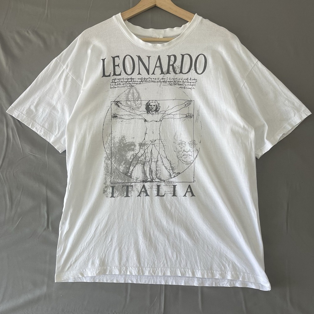 Vintage Y2K Leonardo Da Vinci Italia Art Crewneck T Shirt Mens Large White
